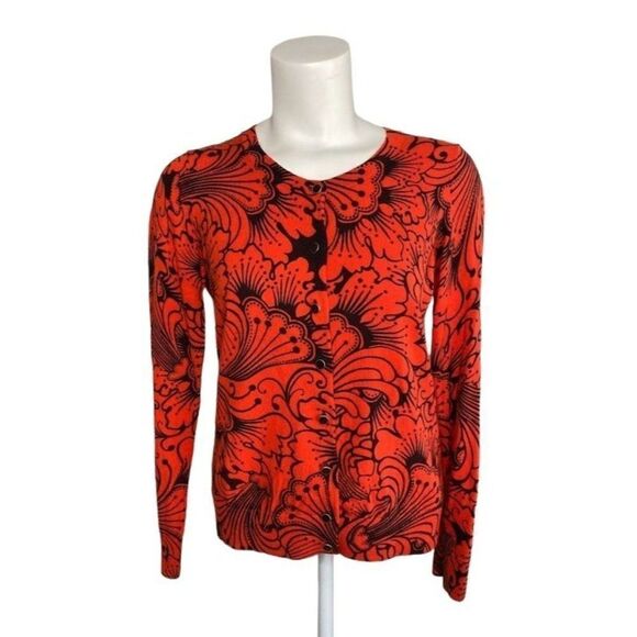 TALBOTS Red and Black Floral Long Sleeve Light Weight Cardigan Small - Picture 1 of 8